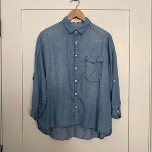 Thread & Supply Camp Top Shirt Womens Size L Blue Roll Tab Sleeve Soft Denim